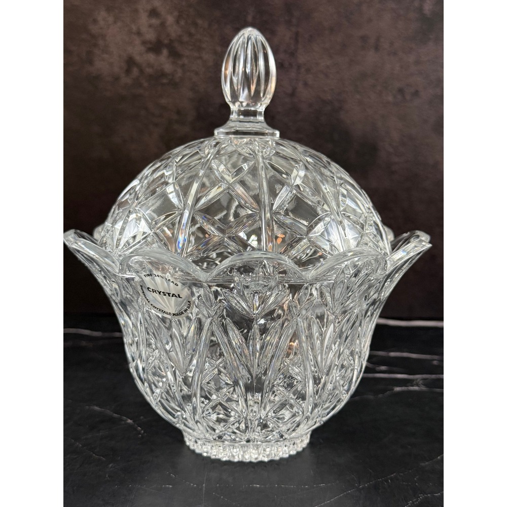VTG Imperial Crystal Lidded Caroline Cut Candy Dish Bowl 7.5in Tall Made in USA